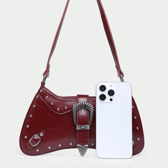 Burgundy Women's Bohemian Western Style Multiple Rivet Decor purse - Picture 4 of 6